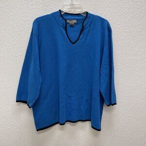 Designers Originals Womens 3X Sweater Blue Black Trim 3/4 Sleeves V-Neck